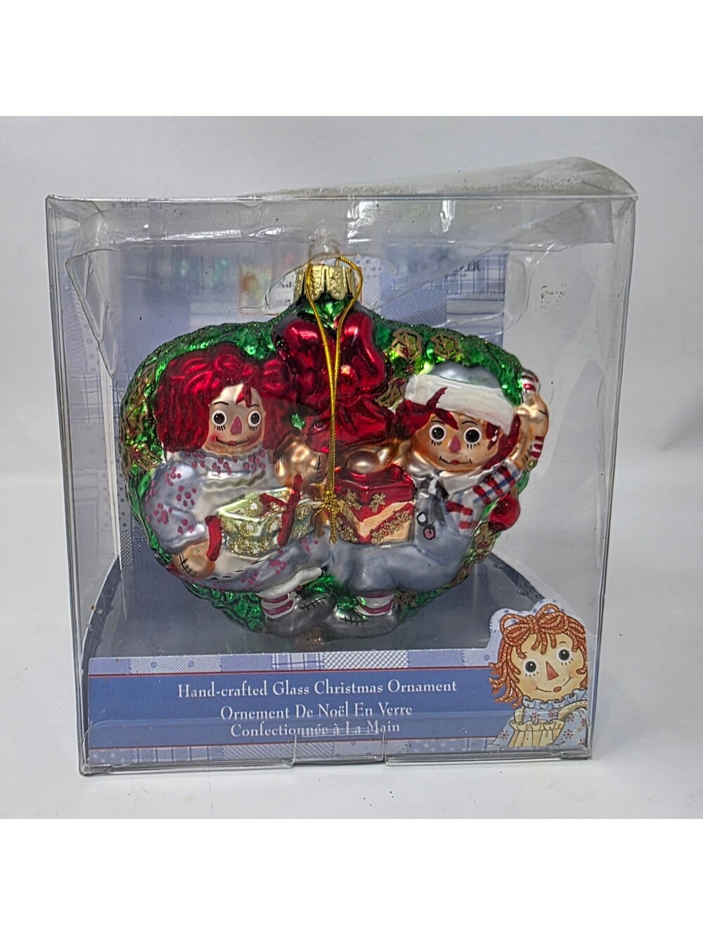 Kurt Adler Raggedy Ann & Andy Glass Heart Christmas Ornament with Box